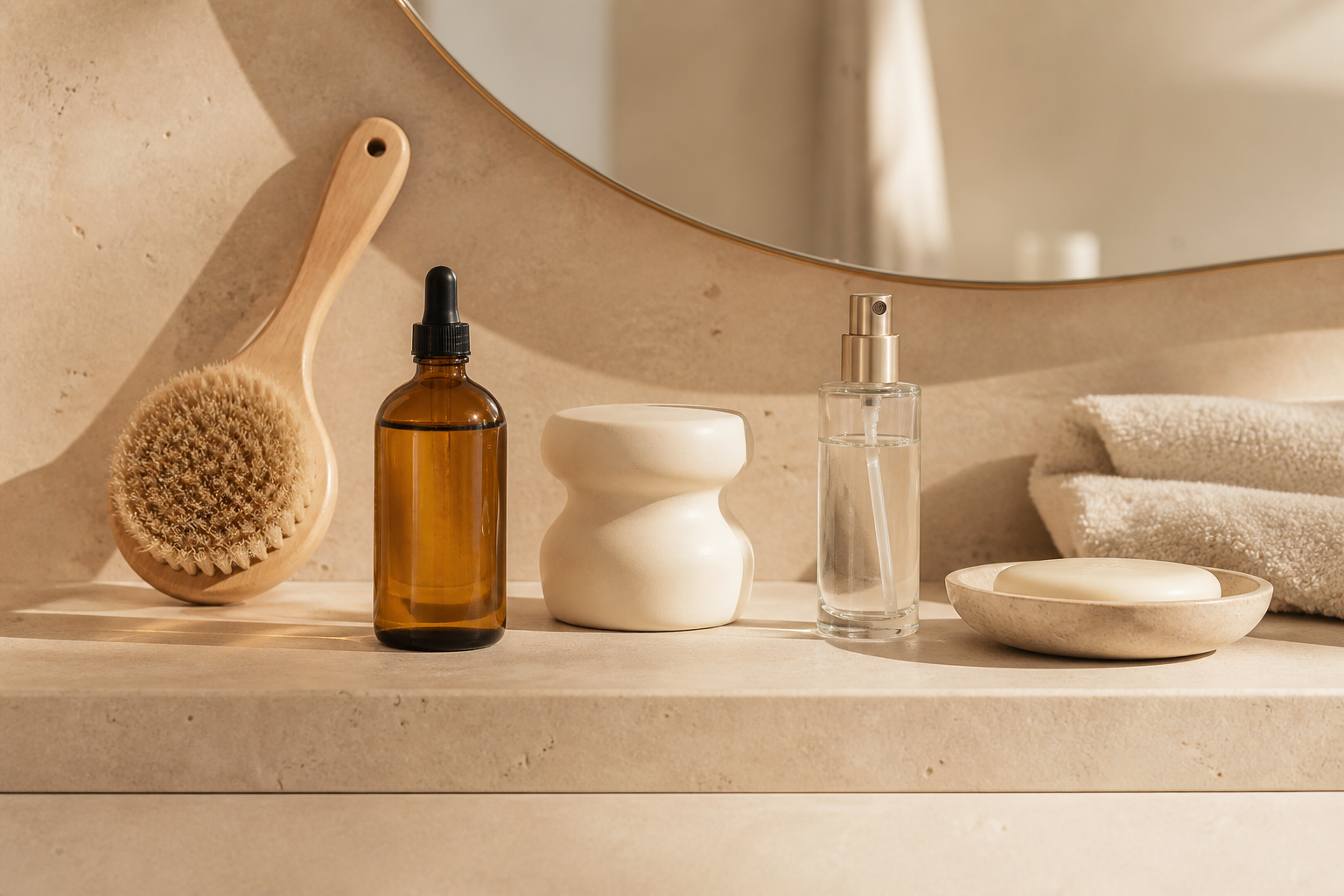 A refined selection of beauty products on a vanity shelf