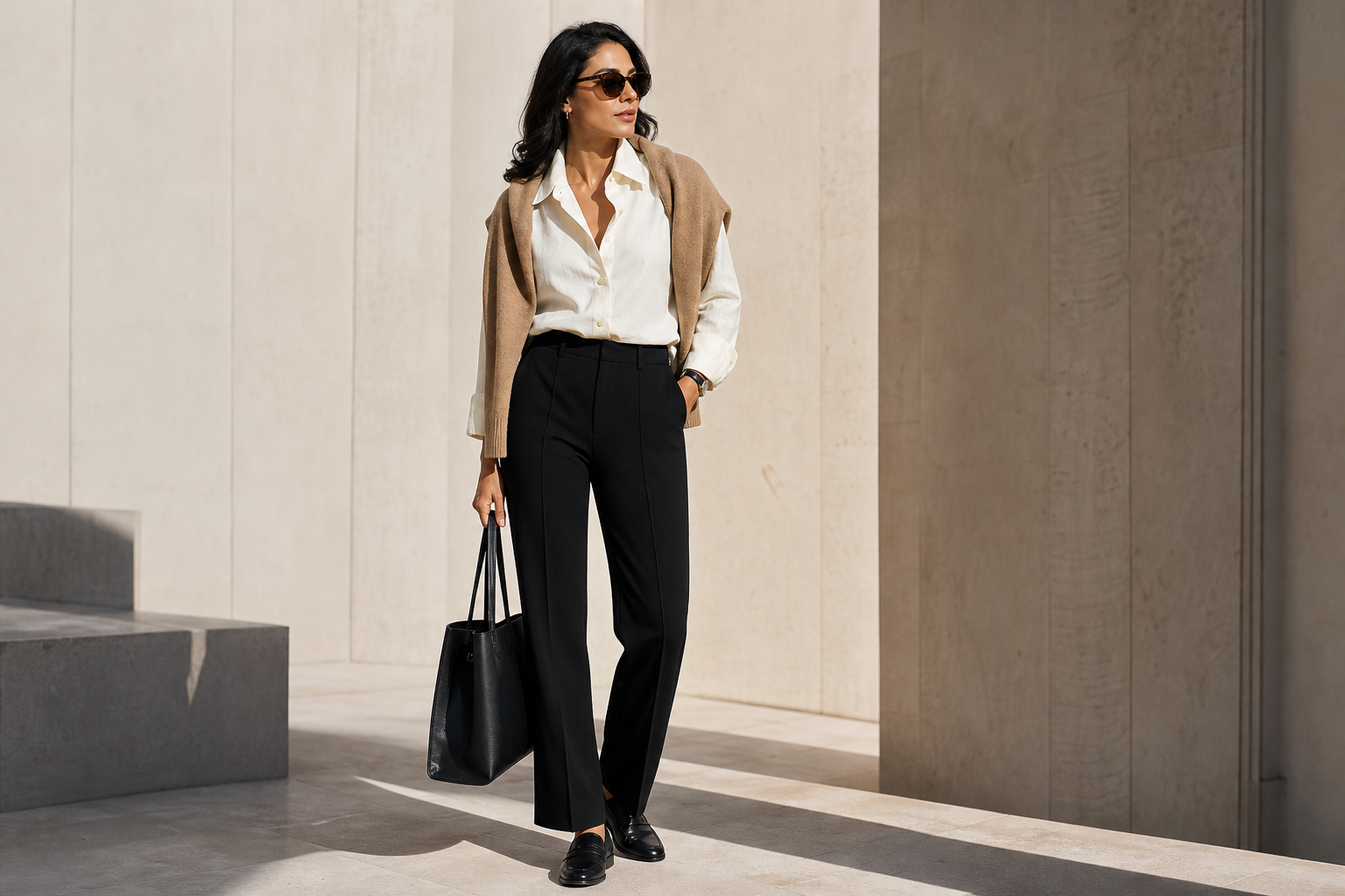 Woman wearing a refined neutral everyday look
