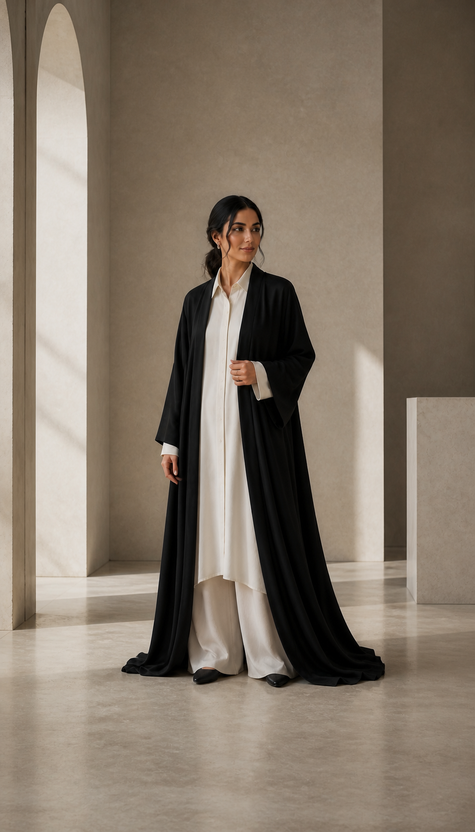 Woman wearing a flowing modest monochrome look