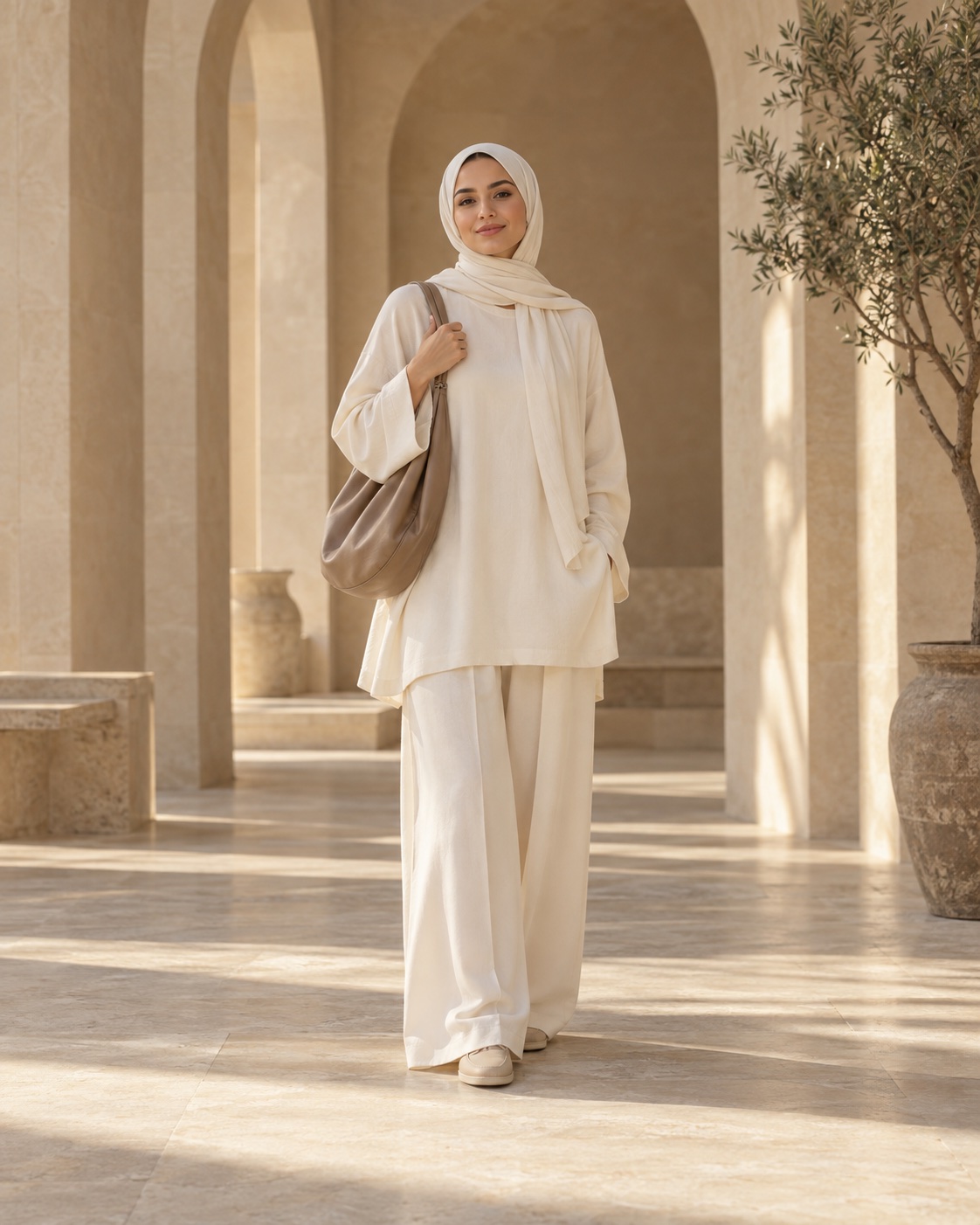 Relaxed neutral modest outfit