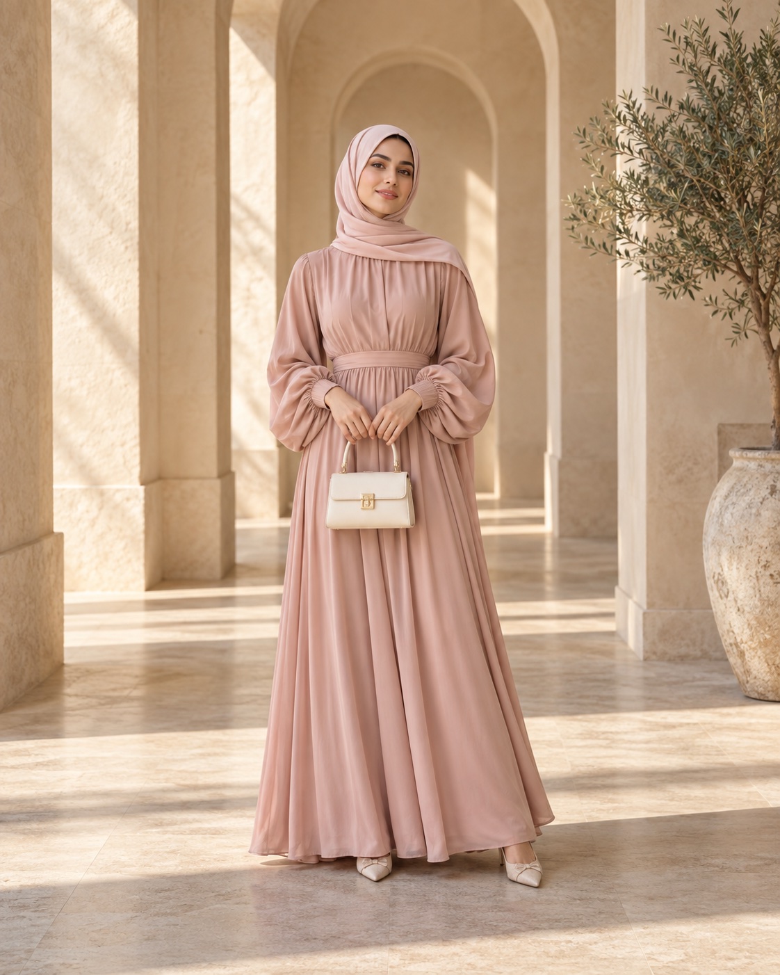 Soft blush modest outfit